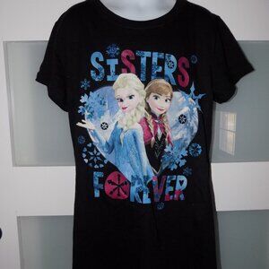 Disney Frozen Elsa & Anna Sisters Forever Black Tshirt Size L (10/12) Girl's NEW